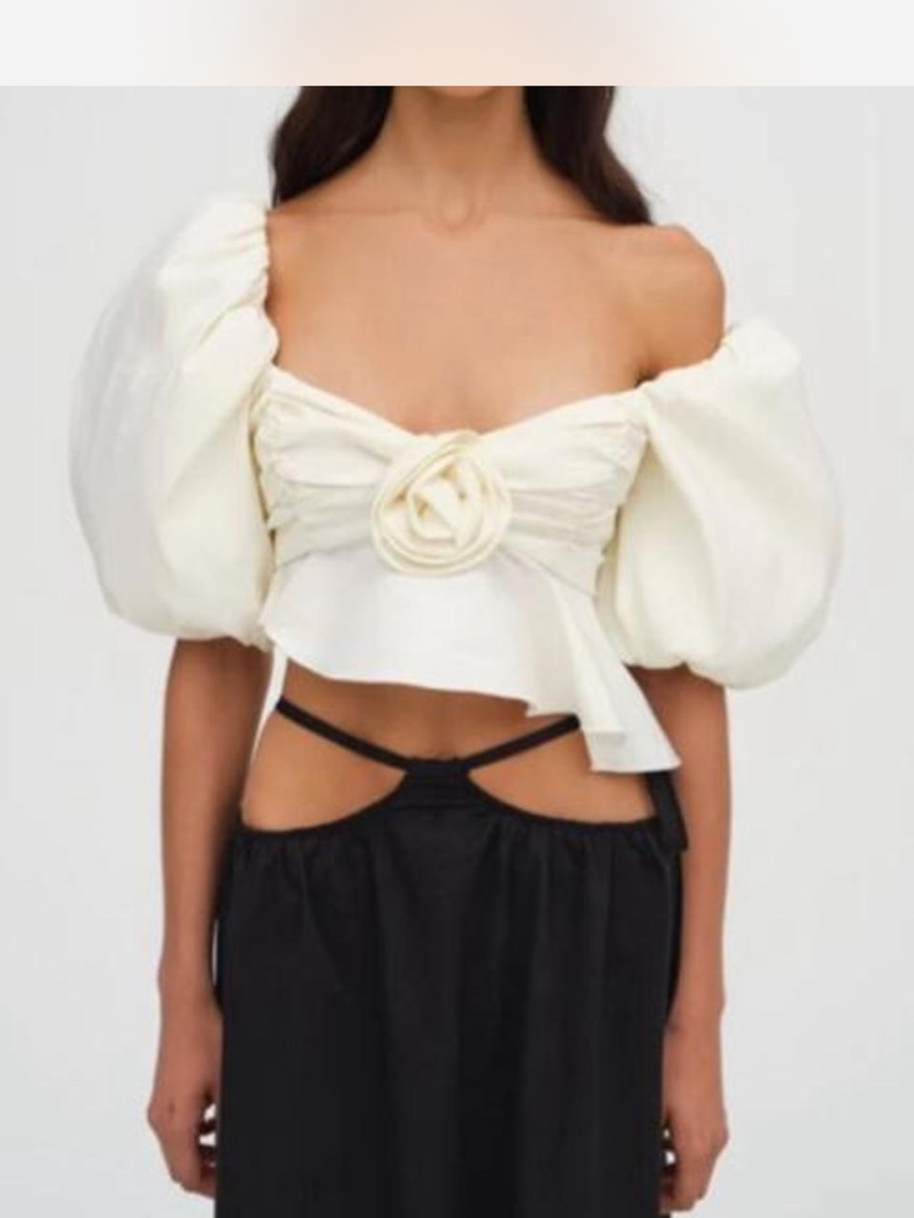 For Love & Lemons Women’s Cream Puff-Sleeve Crop Top with Rosette Detail